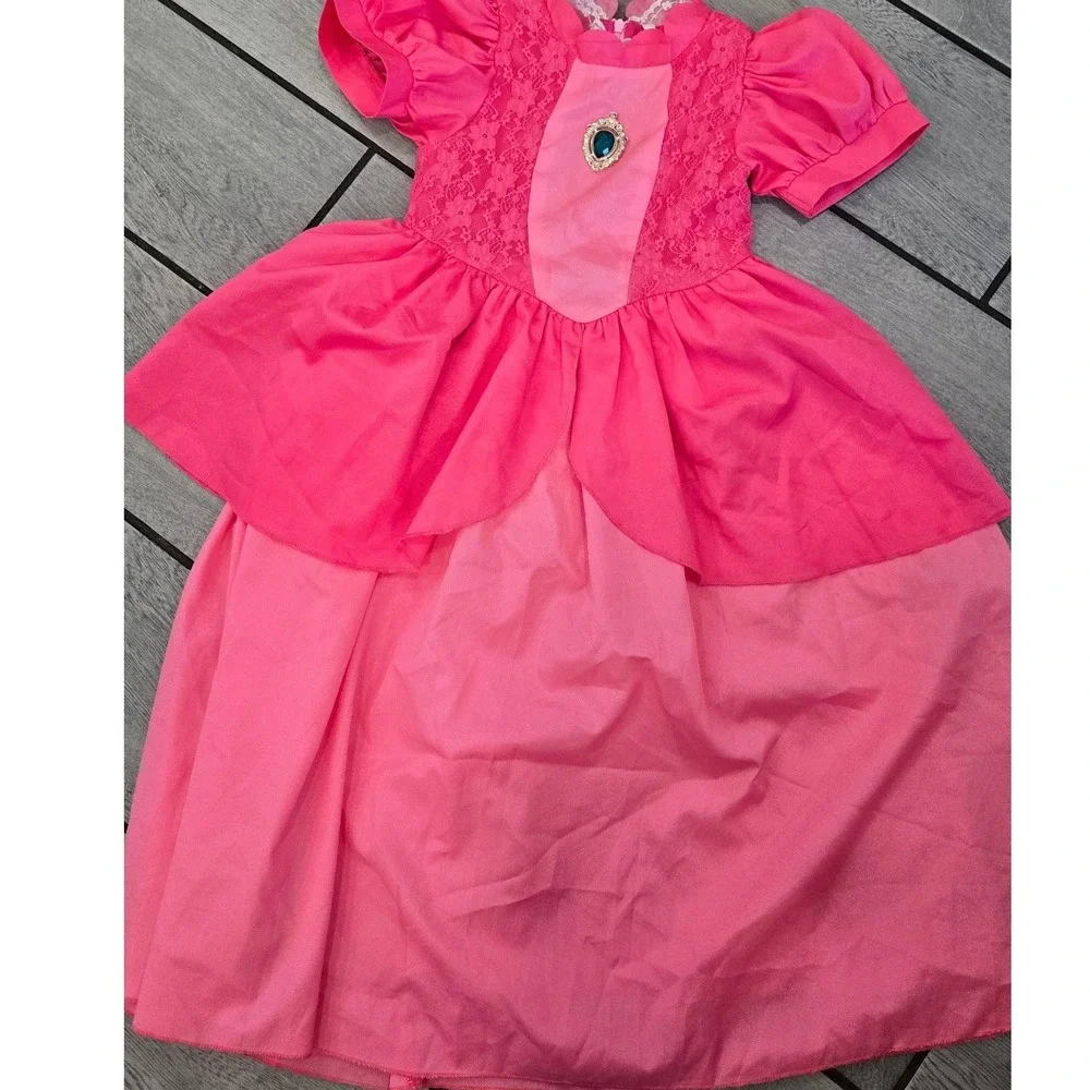 Pink Princess Peach Costume Dress Girls Size 120 Lace Bodice Teal Gem Brooch